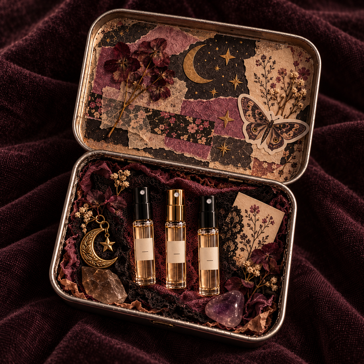 The Second Note Scent Surprise Tin — three mystery 1 mL spray samples with themed extras in a reusable metal keepsake tin