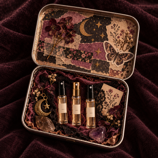 The Second Note Scent Surprise Tin — three mystery 1 mL spray samples with themed extras in a reusable metal keepsake tin